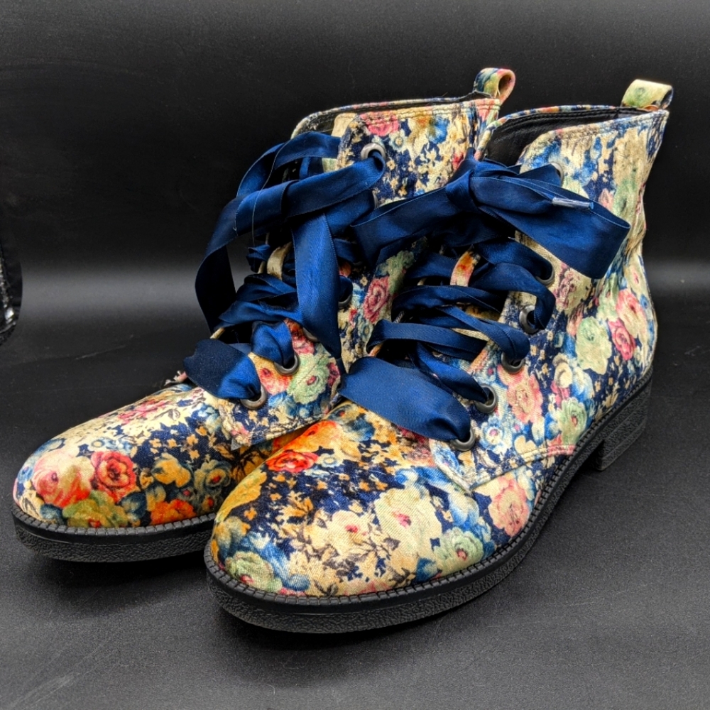 Dirty Laundry Navy Floral Velvet Combat Boots with Blue Satin Laces